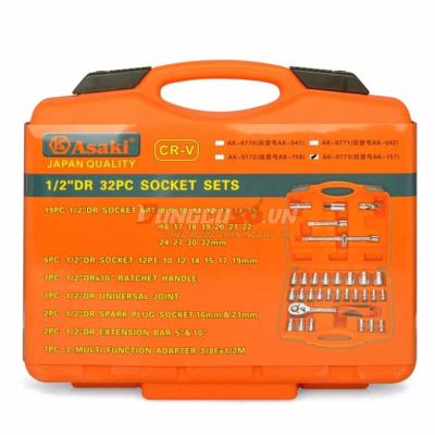 Bộ tuýp 1/2″ 6 và 12 cạnh 32 chi tiết xi bóng Cr-V Asaki  AK-9771