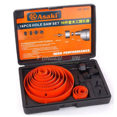 Bộ mũi khoét lỗ gỗ và thạch cao 16 chi tiết 19 – 127mm Asaki AK-3683
