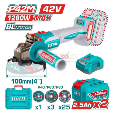 Máy mài góc không chổi than dùng pin TOTAL TAGLI4128102 (42V)